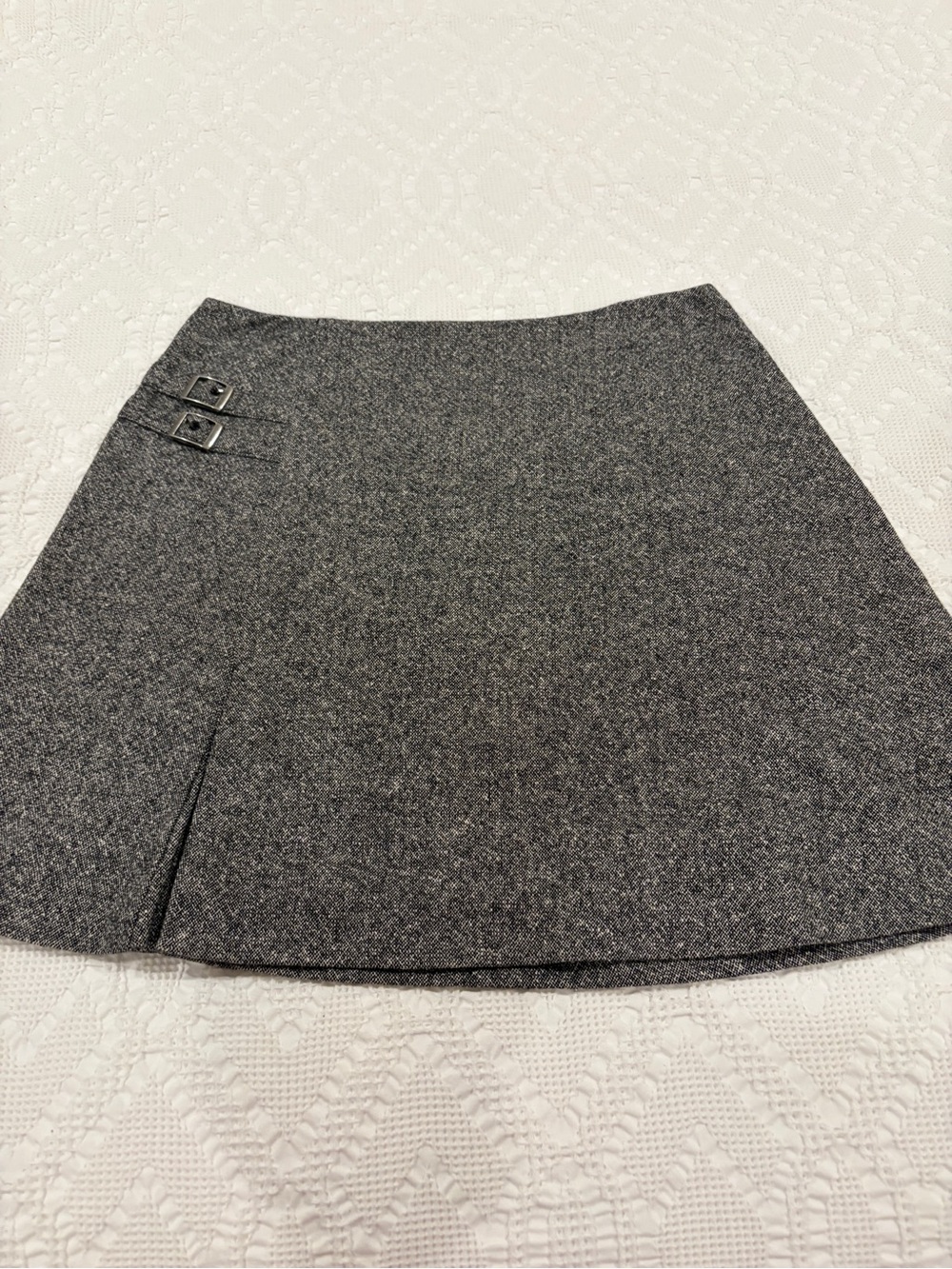 Garnet Hill Charcoal Tweed Mini Skirt with Buckle Accents